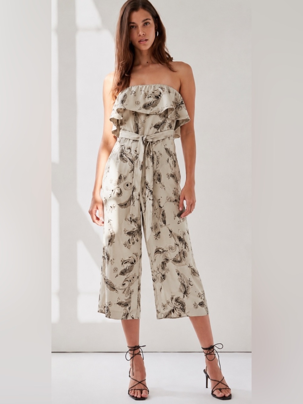 Babaton Strapless  Beige Feather-Print Women's Jumpsuit